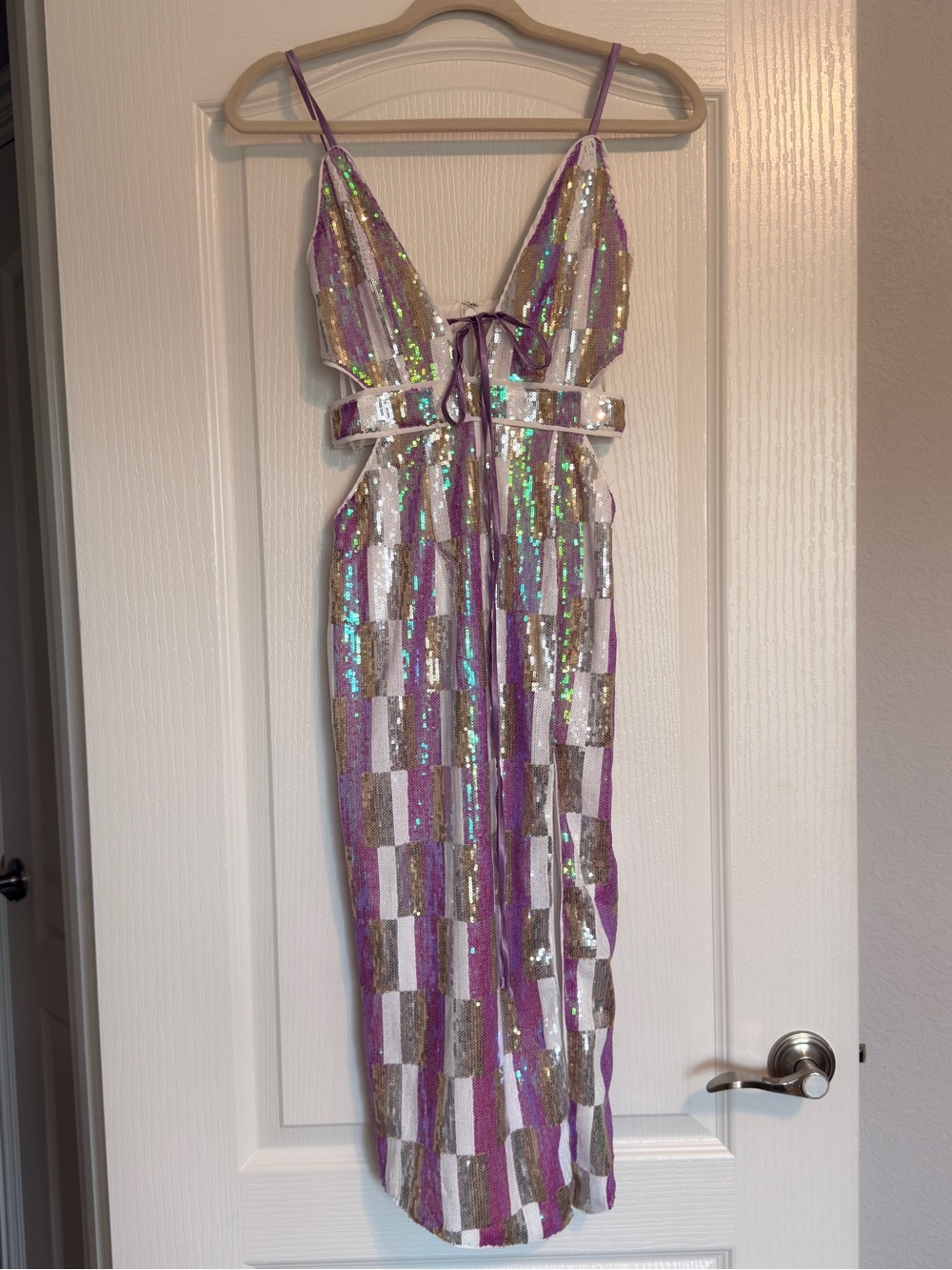 Hello Molly Lavender & Silver Sequin Striped Midi Dress